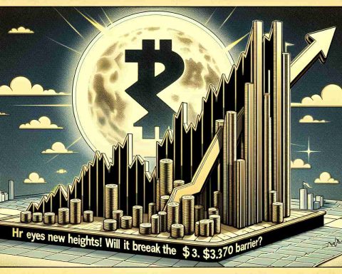 A digitally rendered illustration in high definition of an upward trend graph depicting a cryptocurrency, specifically XRP. The graph digresses into a steep height, suggesting an unprecedented milestone. A large, eye-catching caption below reads 'Eyes New Heights! Will It Break the $3.70 Barrier?'