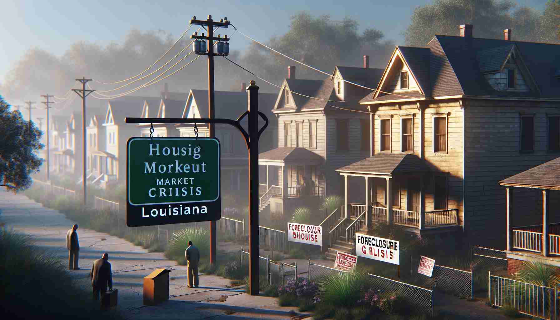 A realistic, high-definition image representing the housing market crisis with a focus on Louisiana. The image should capture the essence of economic hardship, perhaps showing dilapidated residential areas, foreclosure signs in front of houses, and people visibly devastated by the situation. To emphasize the location, infuse elements that are quintessentially Louisianan, such as a street sign with the name of a well-known city in Louisiana or characteristic architectural styles.