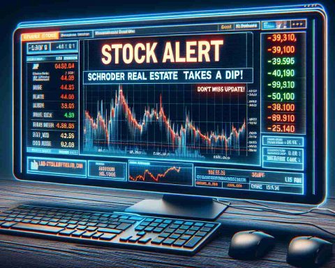 Generate a realistic HD image of a stock market alert indicating a significant drop in the value of a real estate stock named 'Schroder'. Include visuals that highlight the urgency of the situation - perhaps a computer screen displaying the plunging stock graph or a breaking news ticker. Text should read: 'Stock Alert: Schroder Real Estate Takes a Dip! Don’t Miss This Update.'