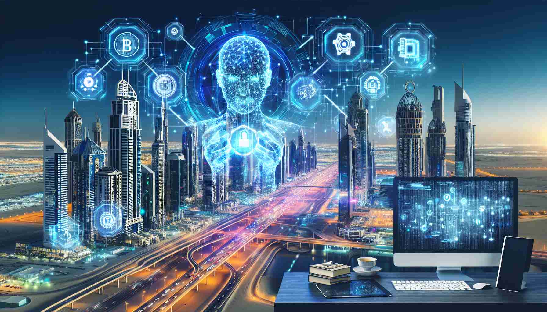 Generate a realistic high-definition image that represents artificial intelligence and blockchain technology revolutionizing the property market in a futuristic Dubai cityscape. Include elements that symbolize the future of real estate.