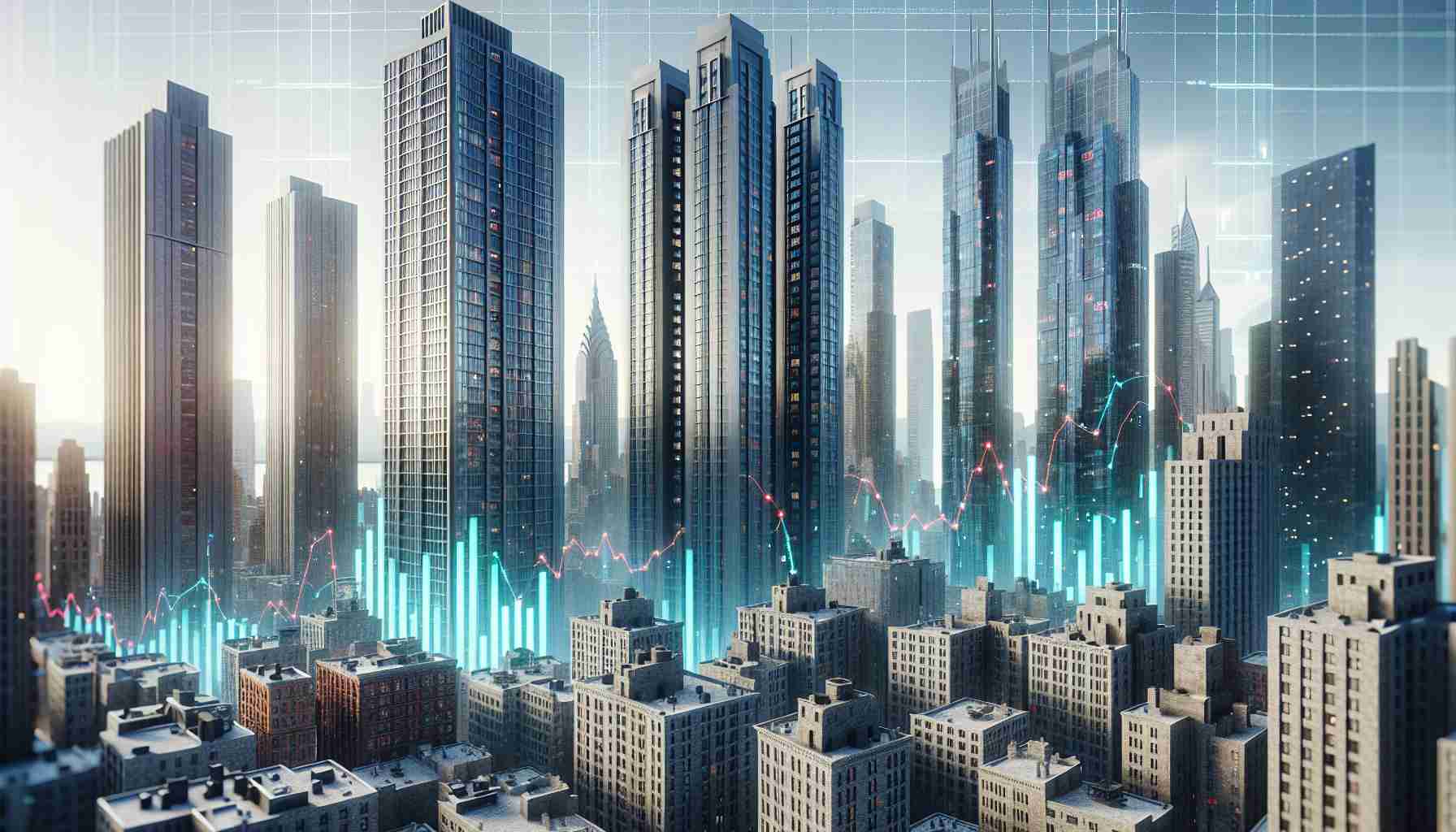 Generate a high-definition, realistic visual representation of the bustling New York City real estate landscape. The scene should depict towering, modern skyscrapers dwarfing surrounding architecture. Include a dynamic stock market graph somewhere in the scene to allude to the stabilization of the real estate market.