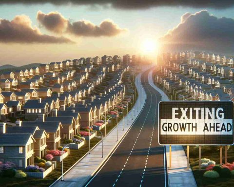 High-definition, realistic image of a street filled with houses representing a strong housing market. The houses should be in various stages of construction, from vacant lots to finished homes to depict the rapid growth. A rising sun in the backdrop, casting a warm glow across the landscape, should represent the future growth in the sector. A large signboard is planted in the foreground with the phrase 'Exciting Growth Ahead' inscribed on it, serving as an optimistic metaphor for the strong economic prospects.