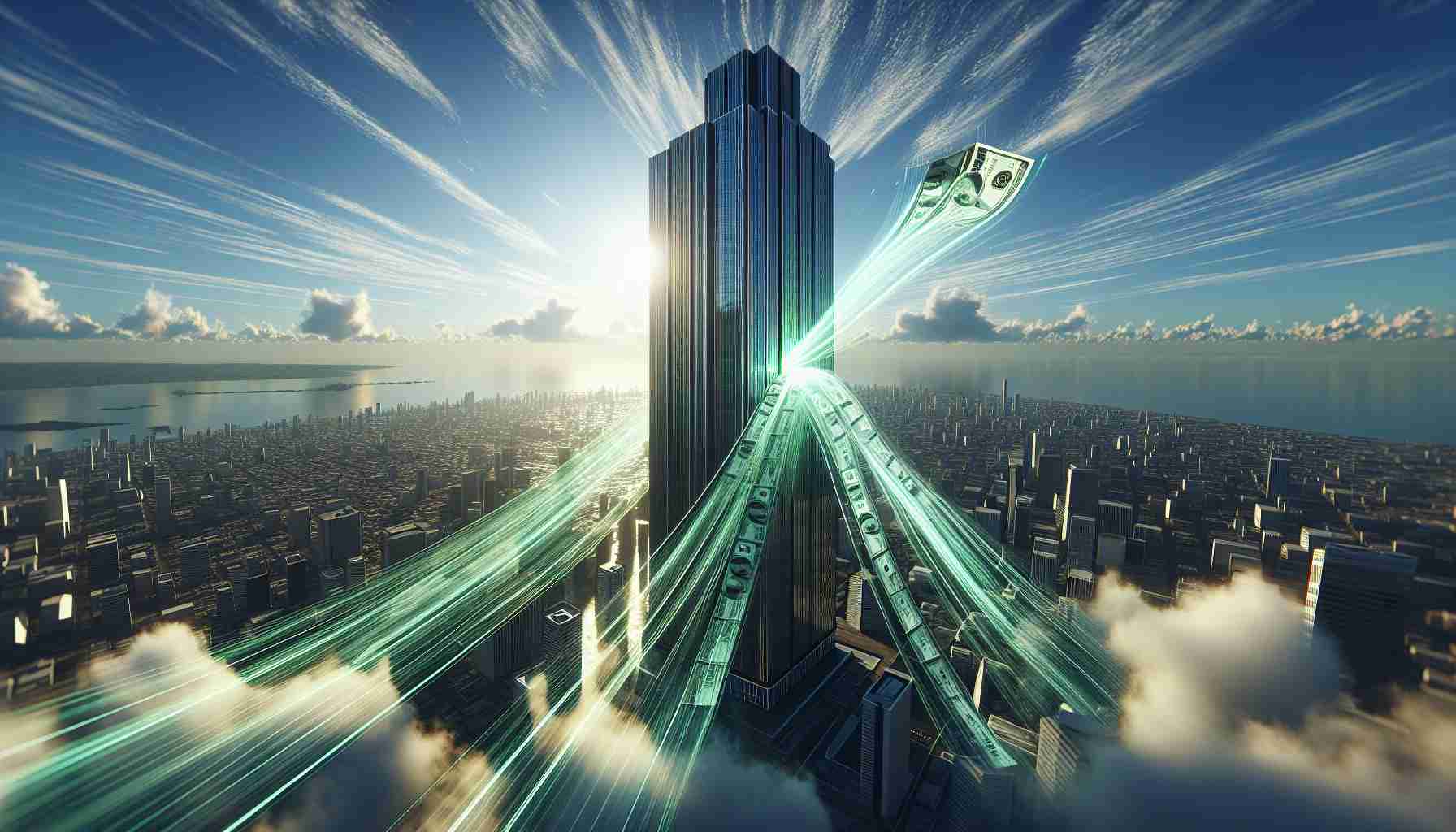 High-definition realistic image embodying the abstract concept of securing a $300 million financing deal. It could portray a majestic skyscraper, symbolizing high aspirations, with an immaterial flow of money, indicated with green vectors or glowing trails converging towards it. The sky beyond is bright, mirroring the anticipation of big plans and vast possibilities. No explicit company logos or specific structure details should be included.