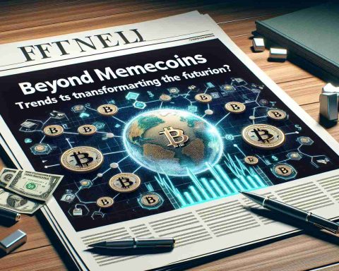 A detailed realistic HD image of a financial headline reading 'Beyond Memecoins: A New Wave of Financial Evolution? Trends Transforming the Future.' Make the imagery surrounding the headline reflective of financial transformation, perhaps with symbols of traditional finance morphing into trendy symbols of cryptocurrency. Decorate the scene with sleek, modern design elements that convey a sense of the future and evolution in the finance industry.