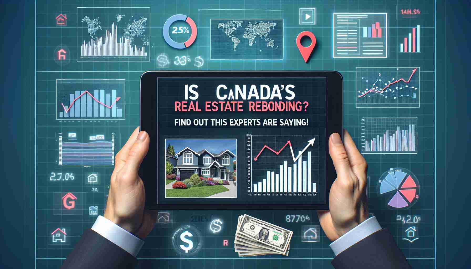 Generate a realistic, high-definition image of a news article headline that reads 'Is Canada’s Real Estate Market Rebounding? Find Out What Experts Are Saying!' surrounded by related imagery such as graphs showing market trends, pictures of Canadian houses and residential areas, and maybe some financial icons. It should portray a sense of inquiry about the condition of the real estate market.