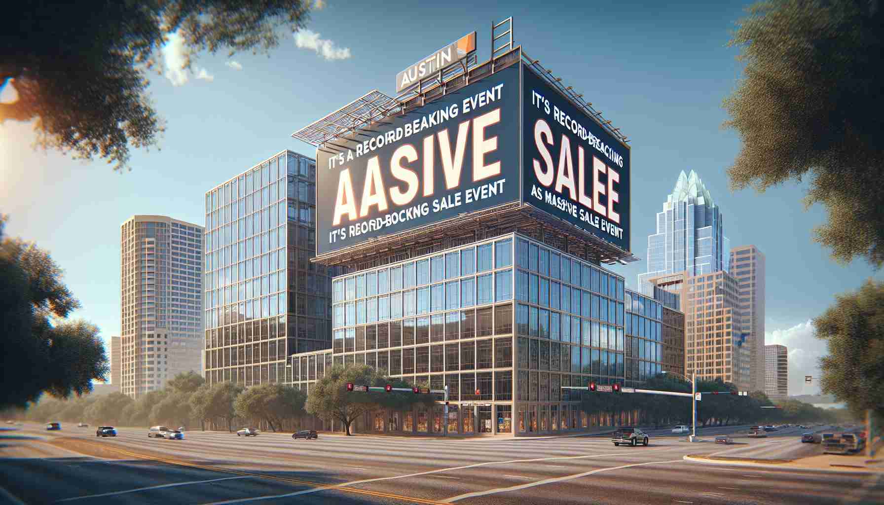 Create a high-definition, realistic image of a large office building in Austin showcasing a massive sale event. The signage should indicate that it's a record-breaking event and a game-changer in the real estate industry.