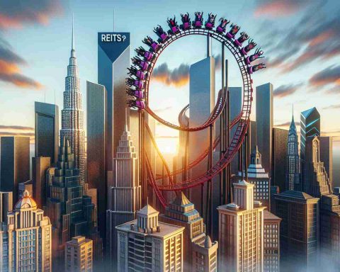 Create a high-definition, realistic image that conceptually depicts real estate investments as a rollercoaster ride. Include the rollercoaster with its ups, downs, and turns, in a visually impactful manner that reflects the unpredictability of the market scenario. Also ensure to include iconic building types to symbolize the diversity of real estate investments. The caption written on the image should be 'REITs: A rollercoaster ride! What's next for real estate investments?'