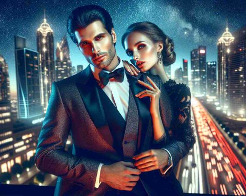 High-definition, realistic image of a distinctive couple enjoying a night out under a canopy of stars. The individuals are non-specific in identity, but display a show-stopping charisma and a palpable chemistry. The setting is a cosmopolitan cityscape at night, lit up by twinkling skyscrapers. The night sky above them is clear and star-studded, creating an ambiance rich with romantic undertones. There's an air of star-crossed love about them; they're noticeably enraptured in each other's company, eliciting vibes of iconic romance.