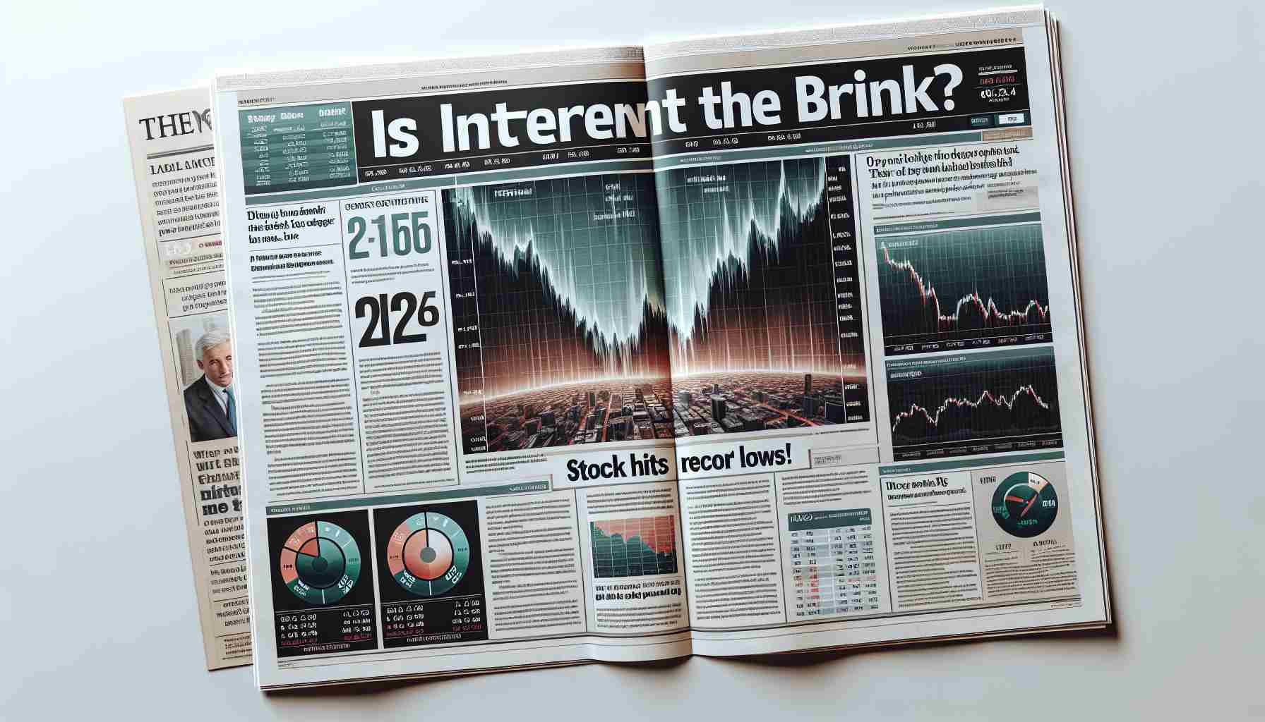 Create a realistic HD image of a newspaper financial section headline that reads, 'Is InterRent on the Brink? Stock Hits Record Lows!' The design should include a dramatic graph showcasing the falling stock prices. The rest of the page can be filled with smaller articles and data charts related to the stock market. The color scheme should be neutral and the image should have the look and feel of a professionally printed newspaper.