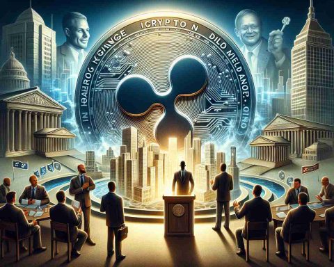 A highly detailed, realistic illustration depicting the metaphorical growth of Ripple's influence, visualized as a large, glowing coin amidst a dynamic financial landscape. The background contains symbols of traditional finance, like buildings denoting banks, lobbyists shown as men in suits both conversing and looking apprehensive. Implied is the change of power in a non-specific political leadership, signified by a grey silhouette at a podium. The words 'Is Crypto in Danger?' loom large over the scene, creating a sense of impending unease.