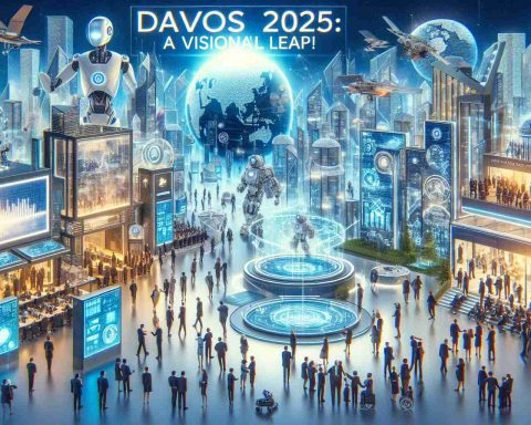 Create a photo-realistic high-definition image representing the theme 'Davos 2025: A Visionary Leap!'. Illustrate the essence of a monumental future technology event. Including elements such as futuristic buildings, high-tech devices, holographic displays, robots, diverse groups of people engaging in discussions, and signage displaying the theme.