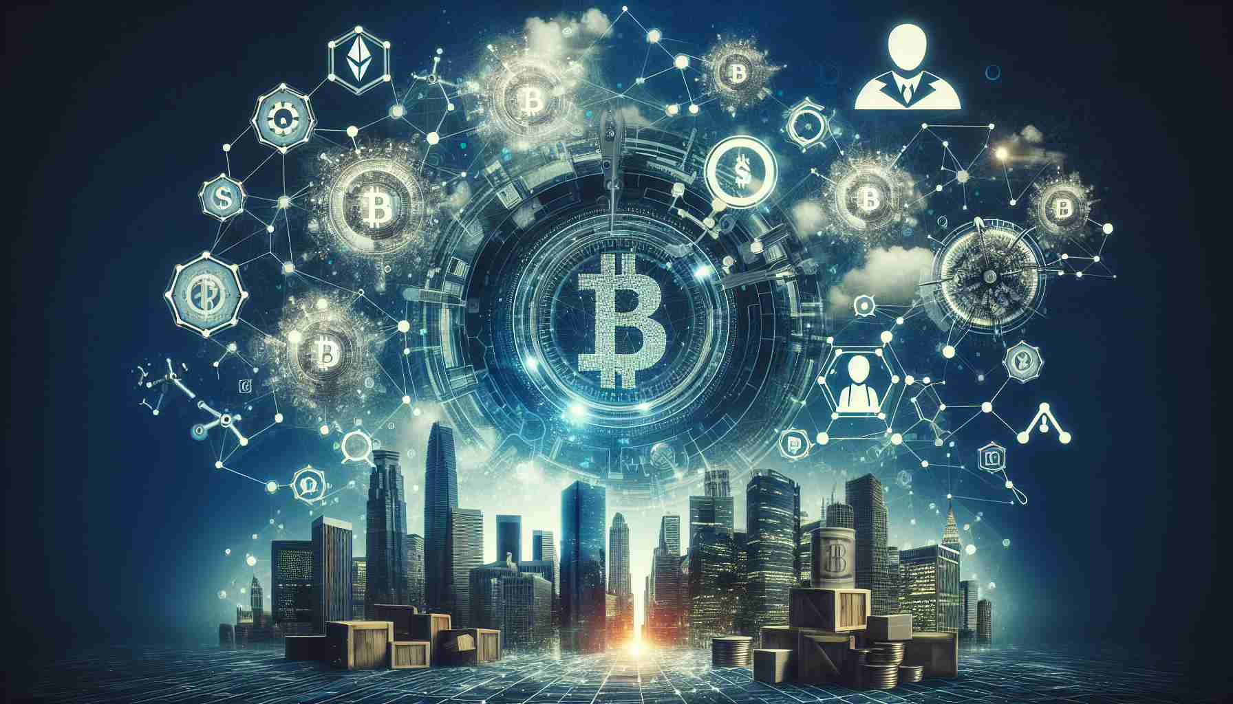 Create a realistic, high-definition image depicting the concept of major changes ahead with a large technology corporation entering the blockchain industry. Include elements that symbolize innovation, technology, and the uncertainty of new ventures, without specifically referencing any real-world companies.