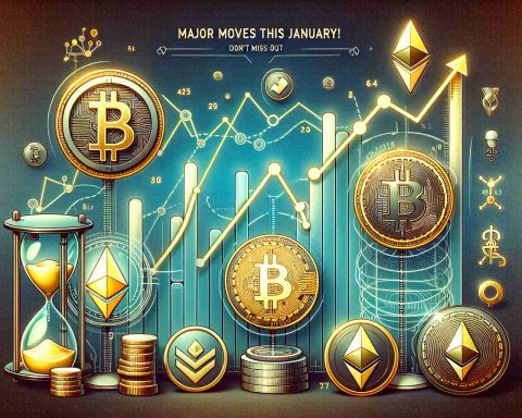 Generate a highly detailed and realistic image for a report titled 'Crypto Buzz: Major Moves This January! Don’t Miss Out'. The image should depict symbols of various cryptocurrencies like Bitcoin, Ethereum, and Litecoin, against a backdrop of an upward trending graph indicating major moves for this January. Also incorporate elements that express urgency or the idea of not missing out on this chance, such as an hourglass or a running clock.