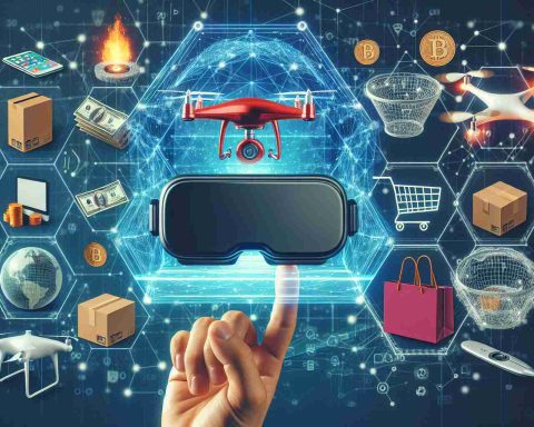 Create a high-definition, realistic image that depicts the concept of the future of ecommerce. The image should illustrate innovative and revolutionary shopping methods such as a virtual reality shopping experience, AI powered product recommendation, drone delivery, and digital currencies payment methods.