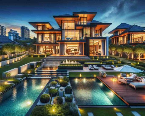 Generate an ultra-high-definition image of the epitome of a dream home, showcasing the pinnacle of luxury real estate. The house should be aligned with the latest architectural advancements, merged with tasteful elegance. The setting ought to be serene and extravagant, with a meticulously landscaped garden. In addition, show remarkable features such as an infinity pool, spacious open layouts, natural light flooding interiors, and premium furnishings. The image should give viewers a glimpse of what is propelling the high-end housing market.