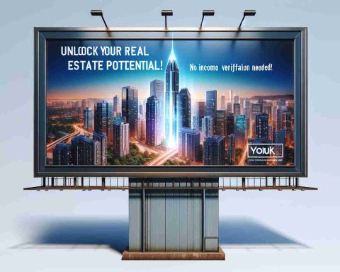 A high-definition, realistic image of a large billboard advertisement promoting real estate investment. The ad primarily attracts attention through the bold, eye-catching text that reads 'Unlock Your Real Estate Potential!'. Emblazoned underneath it in a slightly smaller yet still prominent font is the phrase 'No Income Verification Needed', signaling an easy process for potential investors. Ideally, the billboard's backdrop should be a vibrant scene of a thriving modern cityscape, with gleaming skyscrapers piercing the sky, showcasing the prospect of real estate investment in a bustling economic environment.