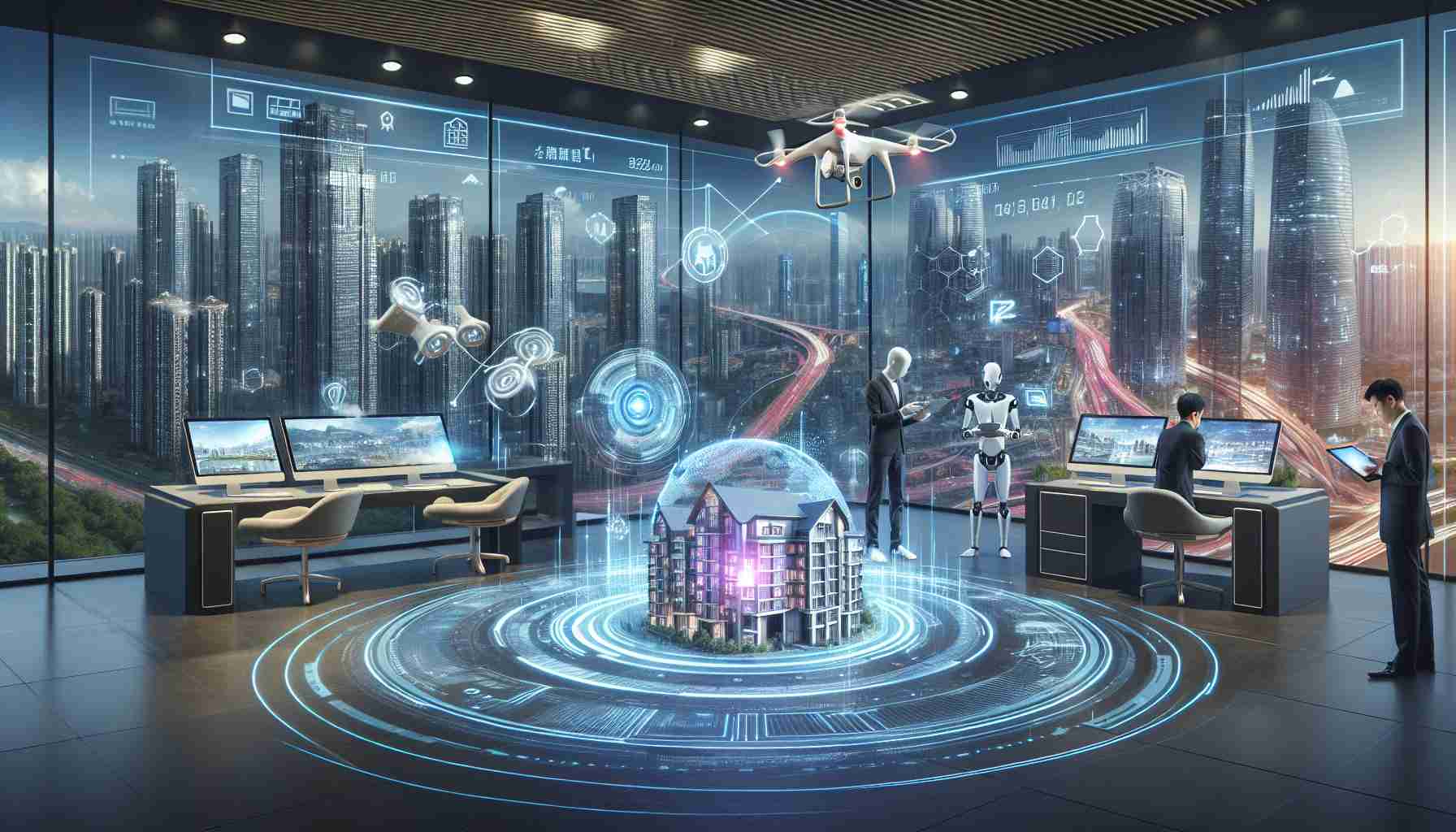 Realistic high-definition photo depicting the digital transformation of China's real estate market, offering a glimpse into the future. The image could include elements such as a technologically advanced property showroom with large touchscreens for viewing property details, a Chinese buyer interacting with AI property agents, drone machinery capturing aerial images of properties, and a holographic city skyline indicating the digital market trends. To add more depth, you can portray the modern skyline of the city in the background, signifying the physical real estate market being enhanced by digital tools.