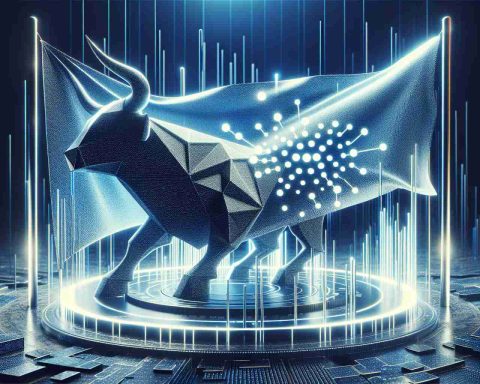 An illustrative representation of Cardano's bull flag metaphorically unveiling a new frontier in cryptocurrency. The image captures the essence of monumental change in global finance depicted through the symbolic rise in the value of the Cardano cryptocurrency. The bull flag, a common term in finance, represents the potential massive rise in value. Render this image in high-resolution, focusing on creating a futuristic and digital-centric aesthetic.