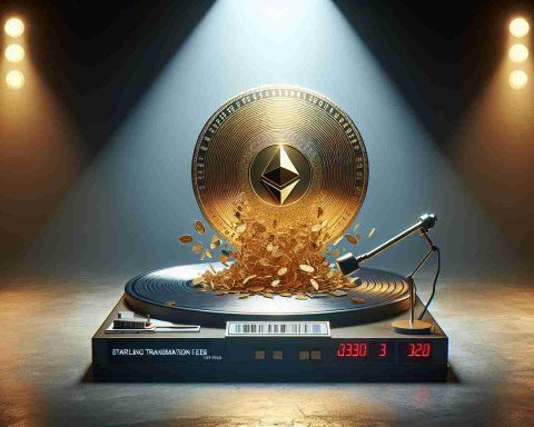 Generate a realistic, high-definition image depicting the concept of the digital currency Ethereum breaking records. This concept can be represented by a giant, shiny Ethereum coin breaking through a symbolically golden record disc. The scene draws attention to the issue of the startling transaction fees associated with Ethereum. This idea can be represented by a stage setting with a spotlight illuminating an imposing image of a fee receipt or invoice. All elements of this image should work together to vividly demonstrate the record-breaking rise of Ethereum and the prominent role of transaction fees in this narrative.