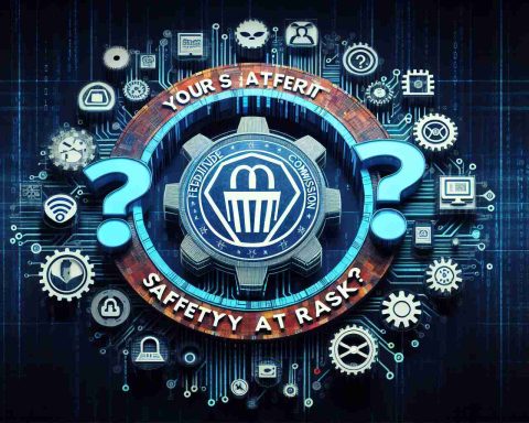 Create a high-definition realistic photo prominently featuring a stylized question: 'Your Safety at Risk?' Browsing through various areas of concern are metaphoric symbols of Artificial Intelligence, like gears, circuits or binary codes. In the middle of the composition, depict an emblem of the Federal Trade Commission (FTC) representing it as a body addressing these concerns.