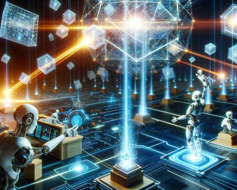 A hyper-realistic, high-definition visual representation of the future where Artificial Intelligence and Blockchain technology intertwine. The scene to be depicted should illustrate advanced robots performing complex computations while a network of interconnected blocks, symbolizing blockchain, hovers in the background. Bright beams of light should illuminate the scene, symbolizing a leap into a revolutionary future. The robots could be streamlined and high-tech, and the blocks should be glowing, suggesting data transactions happening in real-time. This interaction between AI and Blockchain should generate a sense of futuristic innovation and revolution.