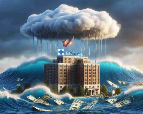 A high-definition, realistic image depicting a surge of new investments embodied as a rising tide moving towards a symbolic American healthcare building, which represents a Real Estate Investment Trust (REIT). Included is a metaphorical cloud of uncertainty hanging above, questioning if growth can be sustained.