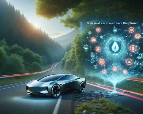 Realistic high-definition image of a futuristic electric vehicle on a road surrounded by natural beauty, symbolizing the concept that 'Your Next Car Could Save the Planet. Next to the car, display an abstract representation of a 'game-changing secret', perhaps using glowing icons or symbols that hint towards advanced battery technology, as developed by a hypothetical company named 'Northvolt'.