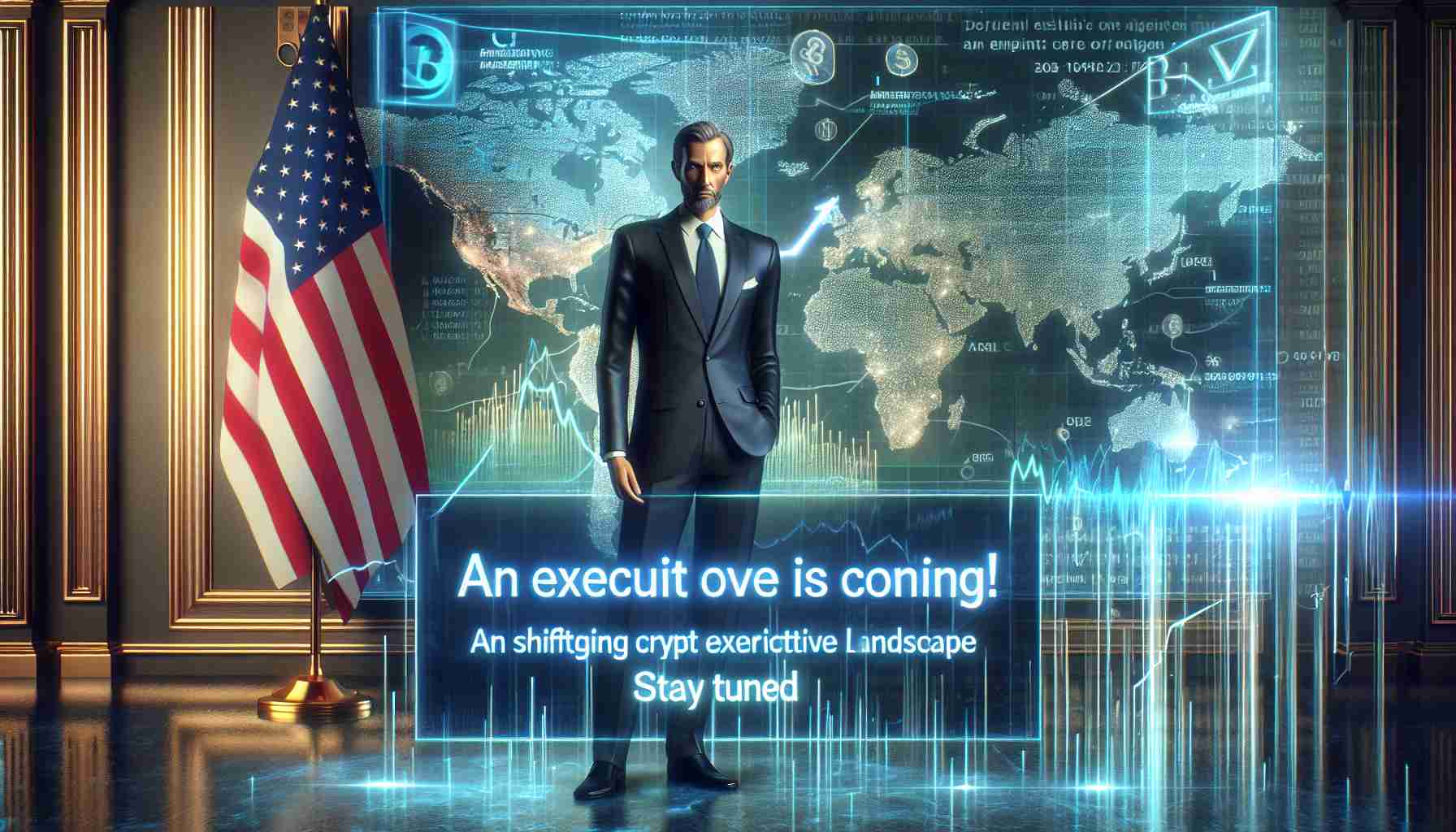 Realistic HD photo of an influential business figure standing against a backdrop illustrating the shifting crypto landscape. The anticipation of an imminent executive order is personified with a semi-transparent script hovering in the foreground saying 'An Executive Order is Coming! Stay Tuned'