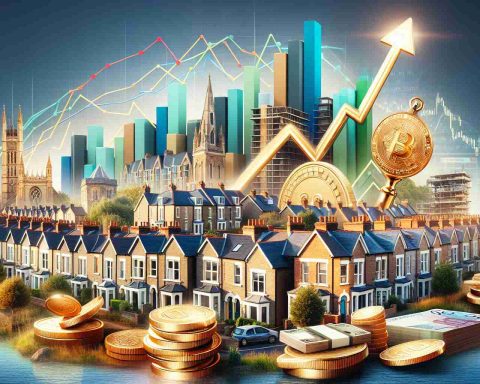 An emblematic image representing a significant financial investment in the UK housing sector. Picture should show symbolic elements of financial growth such as stock market graphs trending upward, piles of coins or bank notes, and perhaps a golden key. All this set against a backdrop of a diverse and prospering neighborhood in the UK with a mixture of modern tall buildings and charming older houses. Tastefully include the text 'Ready for a Real Estate Revolution?' in a compelling font to underline the optimistic sentiment. The overall resolution should be high definition, ensuring a sharp and clear image.