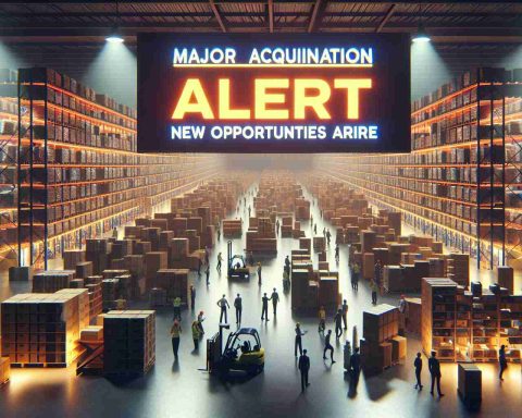 Create a realistic, high-definition image of a bustling warehouse branded as Warehouse Wonders. Visualize a large sign in the warehouse that reads 'Major Acquisition Alert! New Opportunities Arise'. The warehouse should be filled with a diverse array of items, from small gadgets to large equipments. Lighting should highlight the newly acquired items. Workers of various descents and genders should be seen organizing and checking inventories. Everywhere you look, the mood should be of excitement and anticipation, signaling new opportunities.