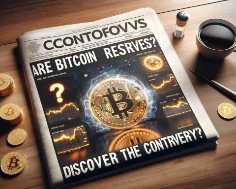 Realistic high quality image of a newspaper headline saying 'Are Bitcoin Reserves the Future? Discover the Controversy'. Beside the headline are captivating images related to cryptocurrency: a shining golden bitcoin, a futuristic digital screen displaying bitcoin stock chart, and a question mark engulfed in a mysterious cloud to represent the controversy. The newspaper is laid flat on a wooden table with a steaming cup of coffee next to it, indicating an early morning read.