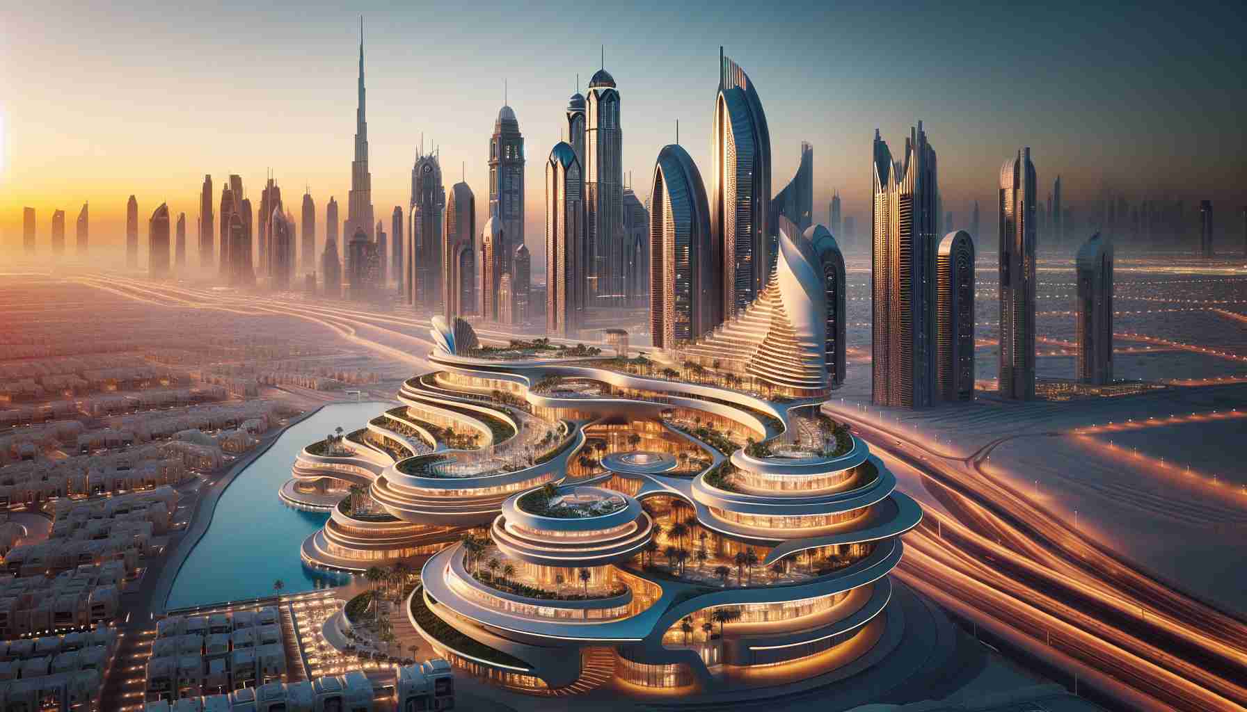 Generate a high definition, realistic image showcasing the concept of futuristic luxury living. Feature an imaginary city known for its bold architectural innovations, and let it be partially inspired by the high-end design style seen in places like Dubai