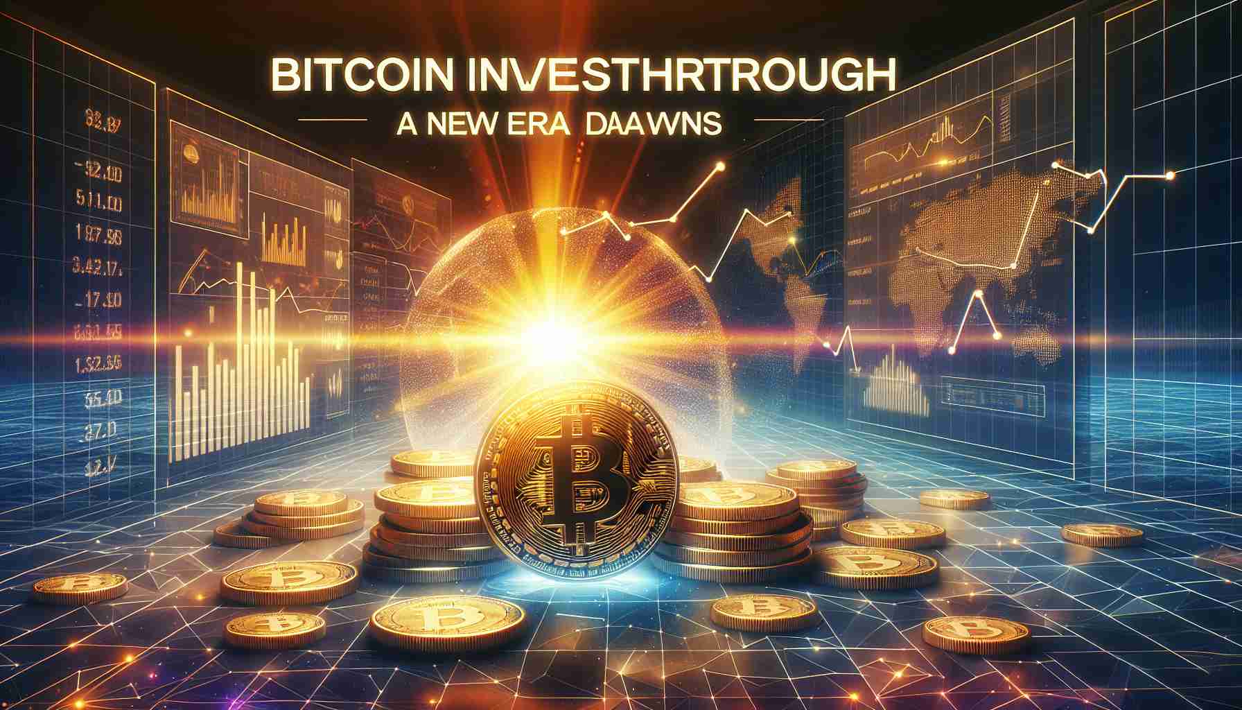 Create a high-definition, realistic image representing the concept of a new era in Bitcoin investment breakthrough. The scene could be depicted as a digital sunrise, symbolising the dawn, with bitcoins scattered around, showcasing the breakthrough. The scene could also contain charts and graphs, capturing the surging growth and potential of Bitcoin. Add a thematic banner at the top that reads 'Bitcoin Investment Breakthrough: A New Era Dawns'.