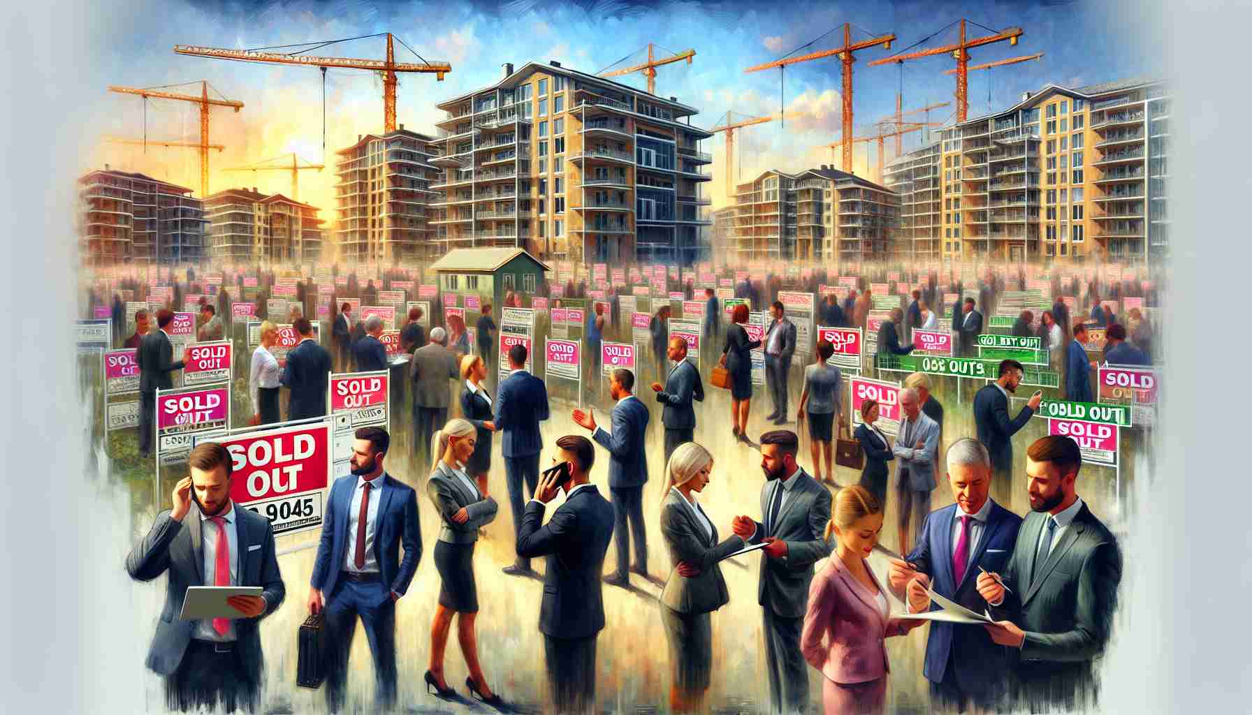 Realistic high-definition image of a thriving real estate scene. Picture a lively marketplace bustling with activity - people looking at property listings, agents busy on phone calls explaining property details. Paint a vibrant image of the real estate boom - multiple 'Sold Out' signs, well-dressed professionals shaking hands on property deals, cranes and buildings under construction in the background, reflecting the optimism and vitality of the booming real estate market.