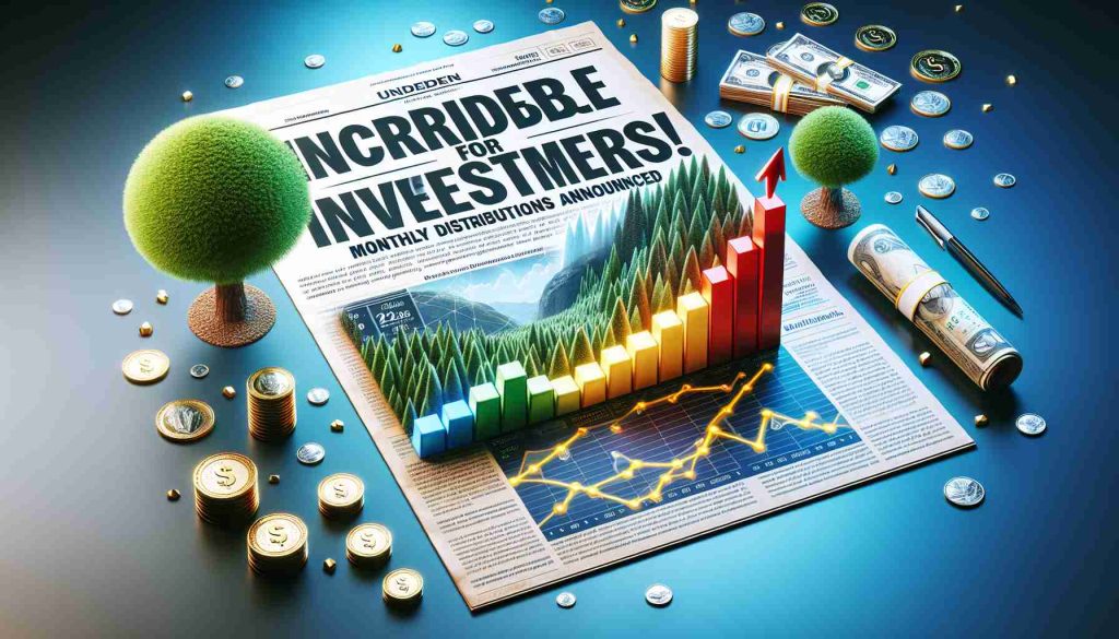 An ultra high-definition, realistic image showing a headline banner reading 'Incredible News for Investors! Monthly Distributions Announced'. Surrounding the headline are positive financial imagery like upward trending graphs, coins and bills, and a flourishing tree symbolizing growth. It's a vibrant image with a professional, upbeat atmosphere that radiates positivity and success.