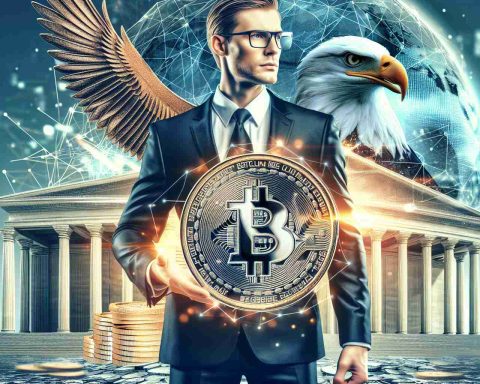 A high-definition image depicting a hypothetical scenario where a well-known businessman launches his own cryptocurrency. The currency is shiny and engraved with the symbol of an eagle. In the background, there is a grand building symbolizing commerce and trade.