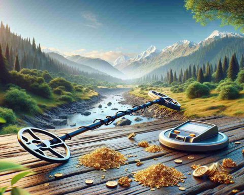 A high-definition, realistic image showcasing the adventurous aspect of high-tech gold hunting in Georgia. The scene includes a metal detector lying on the ground with small pieces of gold scattered around. A backdrop of Georgia's landscape features lush forests, beautiful hills, and a clear blue sky.