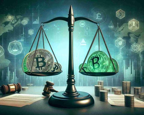 A high definition, realistically styled illustration portraying the concept of a legal dispute related to cryptocurrency with a notably green hue, symbolizing the potential for sparking a sustainable crypto revolution. The image could feature a balance scale with traditional money on one side, and green-tinged cryptocurrency symbols on the other, with legal documents and gavel in background to underscore the legal aspect. This is framed against the backdrop of a futuristic cityscape that signifies the evolving landscape of finance and technology.