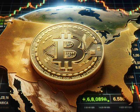 A realistic high-definition image of a golden Bitcoin coin, symbolizing wealth and digital currency, superimposed over a map of the United States, highlighting the potential importance of Bitcoin as a strategic asset in America. In the background, there's a stock market graph indicating a major upward trend, giving an idea of a major crypto move ahead.