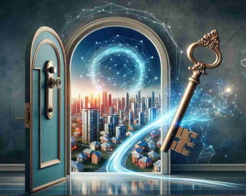 Create a realistic high-definition image presenting the concept of unlocking one's real estate potential. Have an antique key unlocking a stylized door. Upon opening, show a vibrant future city with modern architecture symbolizing property investment potential.