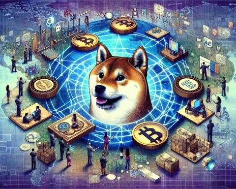 Create a high-definition, realistic style artwork showing the conceptual representation of a specific internet-based currency, symbolized as a Shiba Inu dog, and its global influence. The artwork could include elements like digital coins or tokens, maps, diverse group of people interacting with the currency, and symbolic representations of a global movement, but should not include any copyrighted content. The key themes to focus on are the digital nature of the initiative, the global participation in, and the evolution and significant impact of the movement.