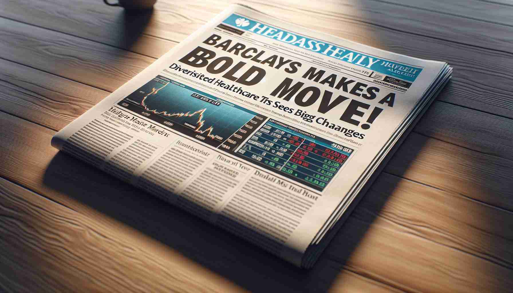 Realistic high-definition image of a front-page newspaper headline that reads 'Barclays Makes a Bold Move! Diversified Healthcare Trust Sees Big Changes.' The newspaper is lying flat on a wooden table, under a soft morning light. The text is printed in bold, attention-grabbing letters, and the rest of the page is filled with smaller articles and stock market graphs. The table's grain can be seen through the paper, adding to the realistic effect.