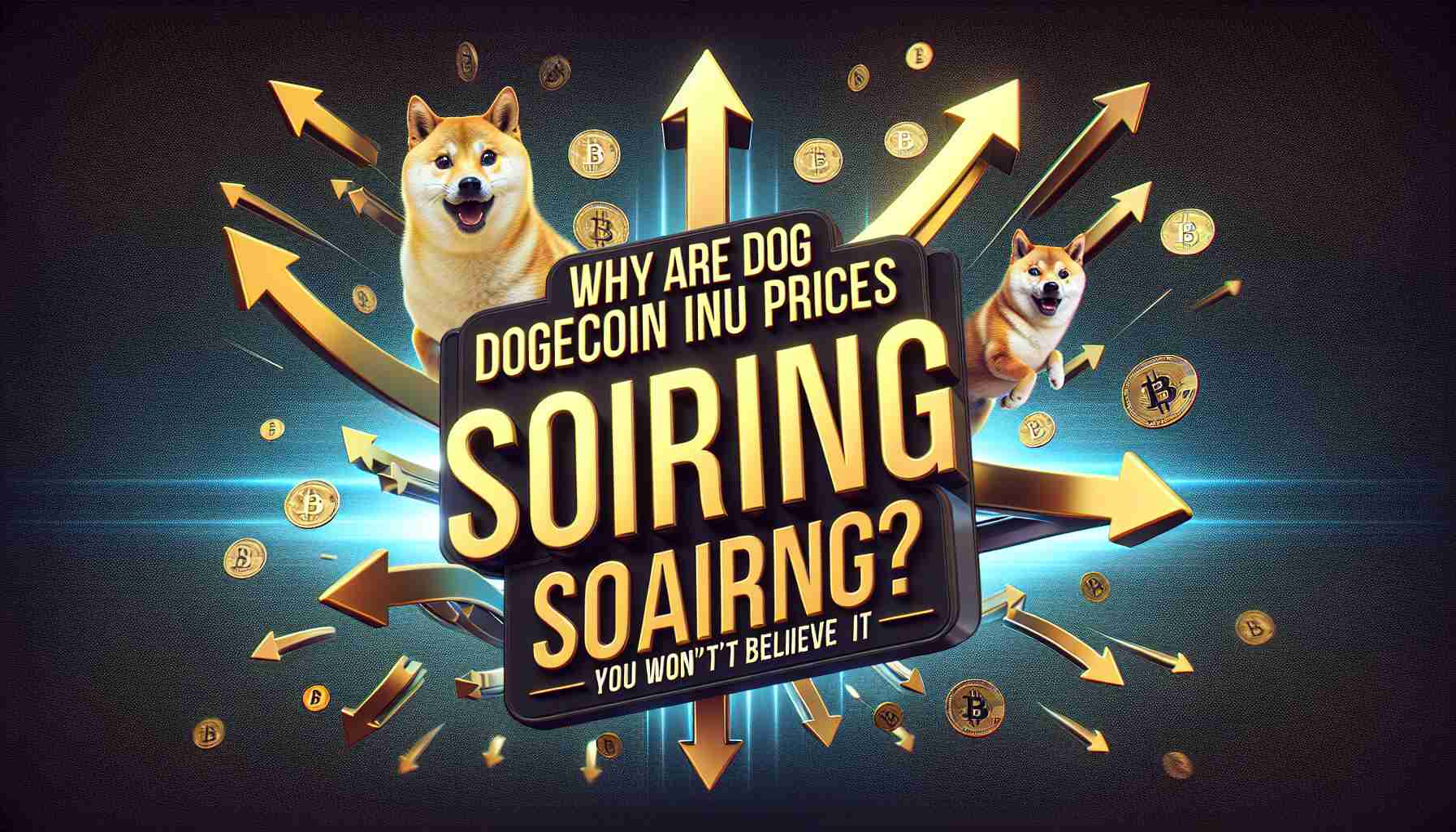 Realistic high definition image of the text 'Why Are Dogecoin and Shiba Inu Prices Soaring? You Won't Believe It' with a background of soaring arrows and cryptocurrency symbols. The text is bold and eye-catching, situated in the center of the image, with the arrows and symbols placed dynamically around it to give an impression of upward movement.