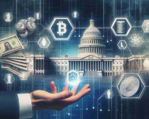 A realistic, high-definition photo representing the abstract concept of a high-profile tech executive's innovative proposition: utilizing blockchain technology to transform government expenditure. The image shows various iconic symbols of government, like a capitol building and currency, alongside imagery representing blockchain technology, such as chains of blocks and digital code.