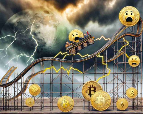 Create a high-definition, realistic image that personifies the financial concept of a 'crypto rollercoaster.' This image should represent the wild fluctuations of major cryptocurrencies via a rollercoaster zigzagging up and down in severe ups and downs. Amid the backdrop, hint at the future looking uncertain and unpredictable with ominous clouds and unpredictable weather. Use personification to give a 'face' to the coins, expressing alarm or excitement, to accentuate the feeling of wild swings in the crypto market.