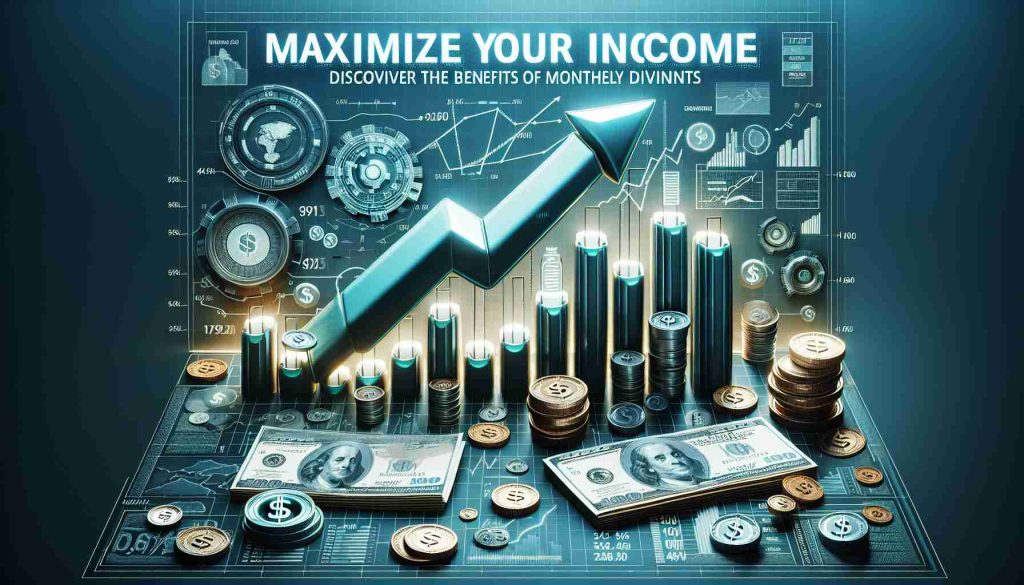 Generate a detailed and realistic HD image illustrating the concept of 'Maximizing Income'. Show the symbols for growth like a rising graph, money and dividends flowing in monthly. Include the title 'Maximize Your Income: Discover the Benefits of Monthly Dividends' prominently at the top of the image.