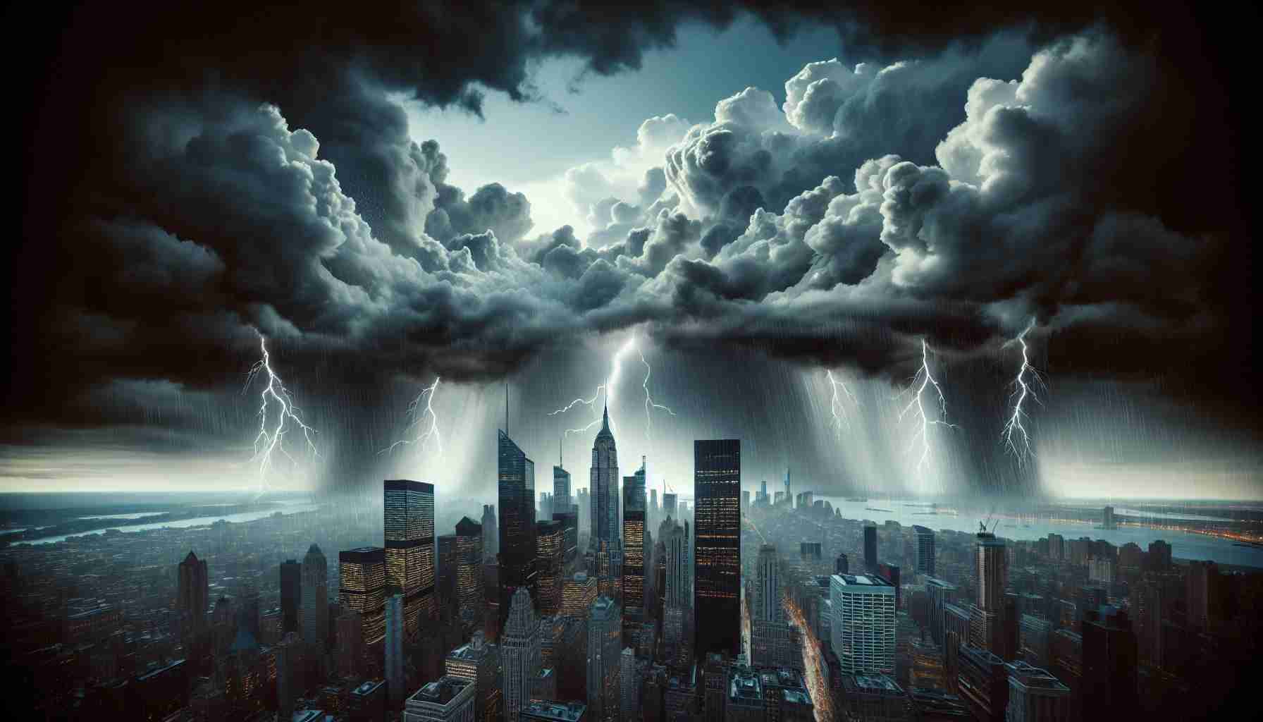 Create a dramatic, high-resolution metaphorical image that shows a metaphorical storm brewing, symbolizing impending legal outcomes. The storm should be over large, intimidating skyscrapers that represent real estate giants. Clouds in the sky should look heavy and ominous, indicating upcoming major decisions. There should be metaphorical lightning piercing the dark clouds, hinting at the power and ferocity of the pending laws. Rain should already be falling, representing the initial signs of impact on the real estate industry.