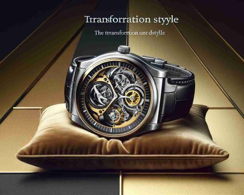 A high-definition, realistic image showing the transformation of style with the ideal timepiece. Highlighting the innovative nature of refined wristwatches, depicting a luxurious, futuristic designed watch, perhaps with a sleek silver casing, an intricate mechanical interior visible through the watch face, set upon a plush velvet cushion against a gold and black backdrop.