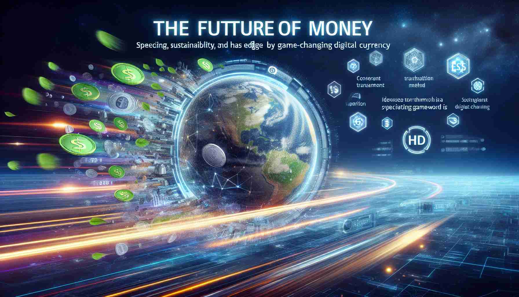 Generate a realistic HD image representing the future of money conceiving ideas such as speed, sustainability, and the edge provided by a specific game-changing digital currency. Illustrate a futuristic transaction method that is fast, eco-friendly and has an edge over traditional systems, without specifically mentioning or depicting any real-world cryptocurrency.