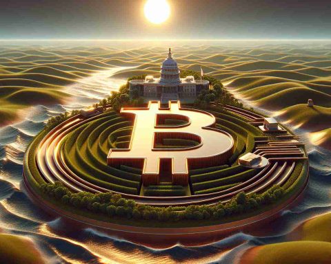 Realistic HD photo of a symbolic tribute to an important political figure using a Bitcoin emblem! Be ready to be amazed by the wonderful details. This image shows an emblem of Bitcoin carving a path through a landscape, signifying the breaking of new ground. The symbol of Bitcoin itself is an emblem of cutting-edge technology and the landscape is a representation of the traditional systems.